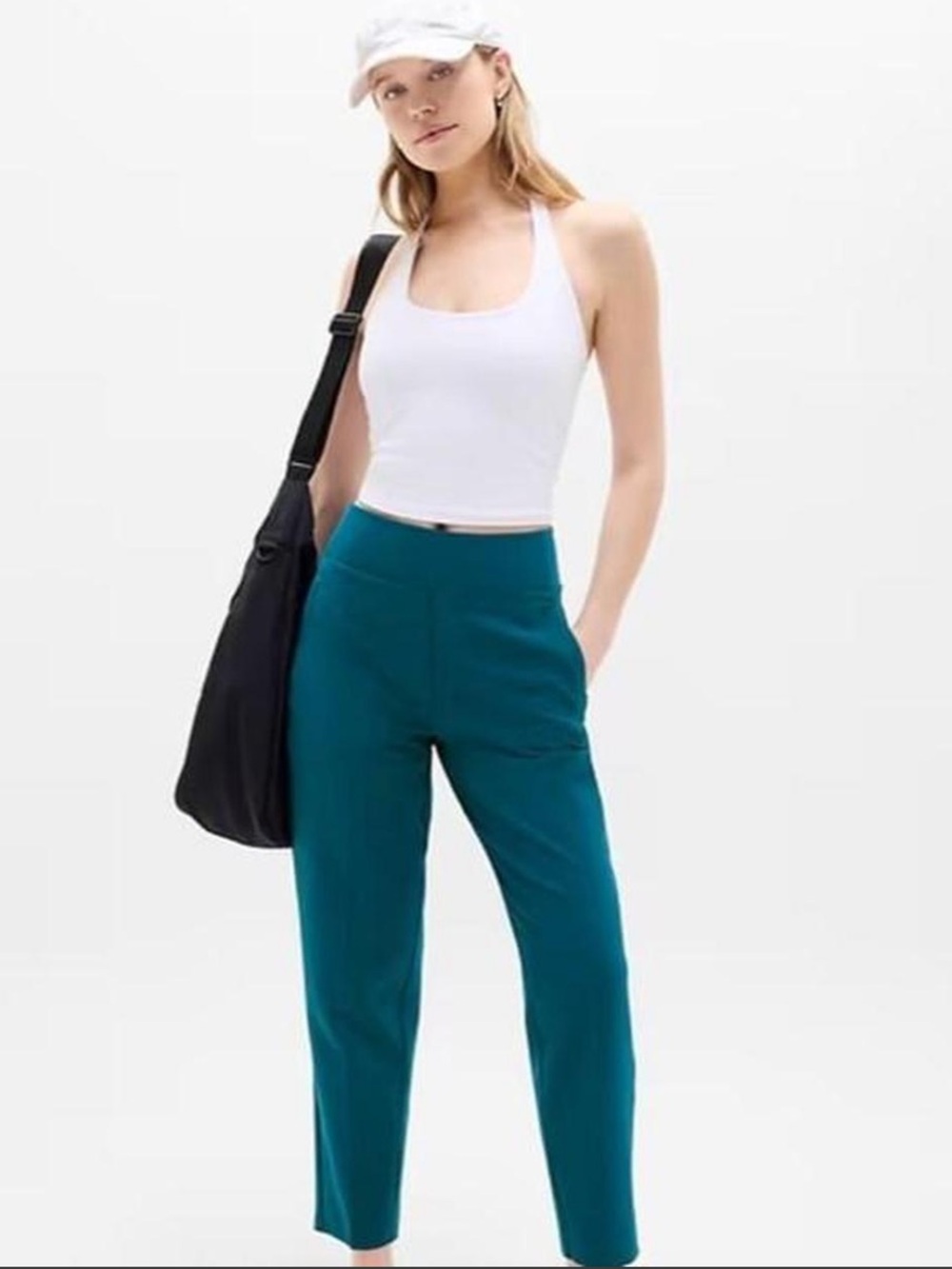 Athleta Brooklyn Ankle Pant Teal Straight Cropped High Rise Athleisure Pant 14